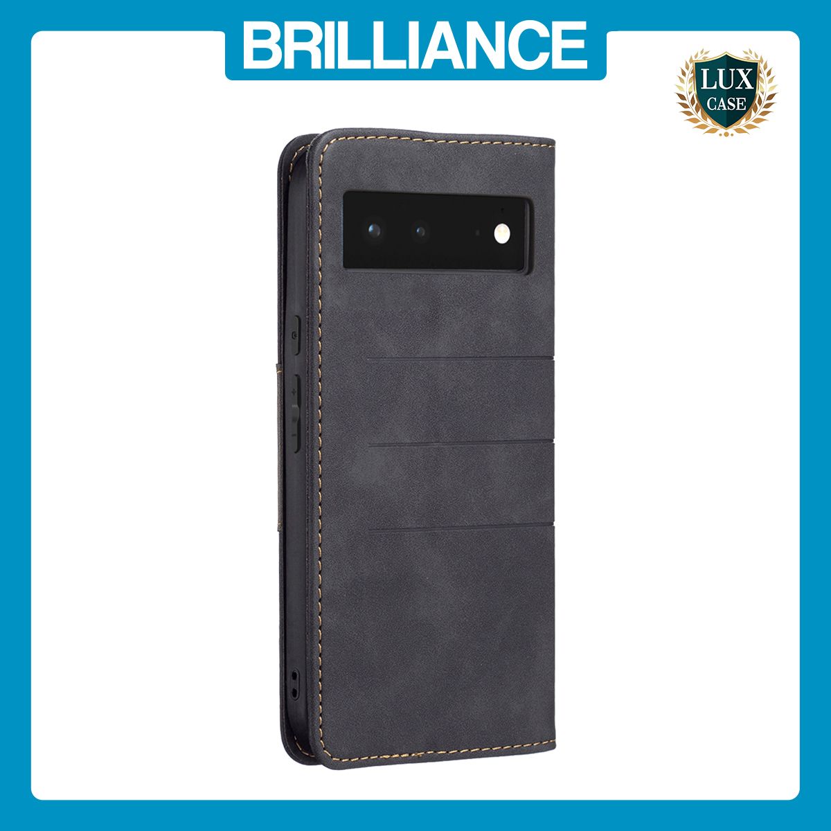 Brilliance LUX iPhone GOOGLE PIXEL 6 Flip PU Leather Stitching Colors Dark Magnetic Wallet with Card Pockets Case Black