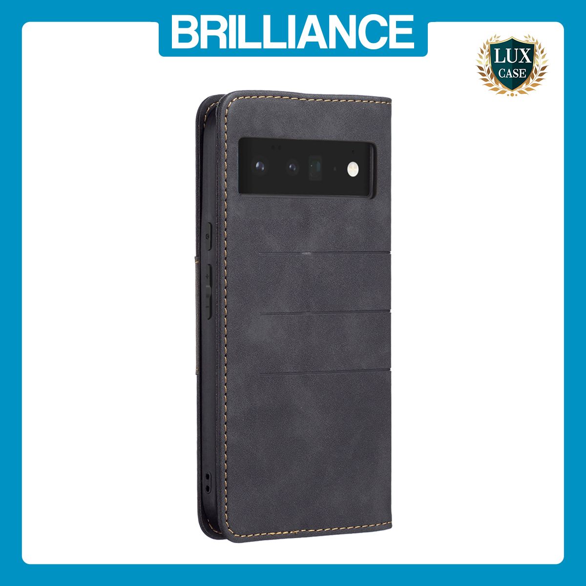 Brilliance LUX iPhone GOOGLE PIXEL 6 Pro Flip PU Leather Stitching Colors Dark Magnetic Wallet with Card Pockets Case Black