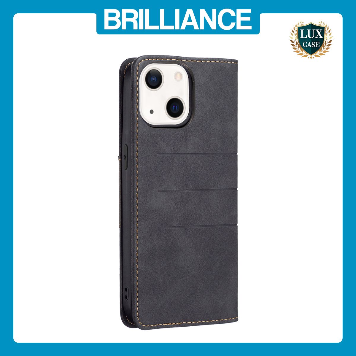 Brilliance LUX iPhone 13 Mini Flip PU Leather Stitching Colors Dark Magnetic Wallet with Card Pockets Case Black