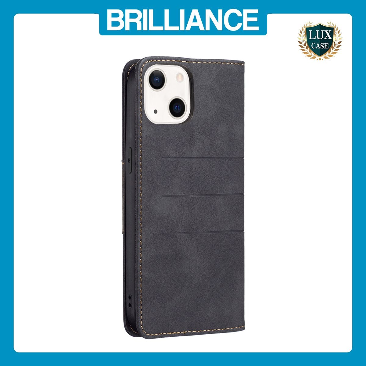Brilliance LUX iPhone 13 Flip PU Leather Stitching Colors Dark Magnetic Wallet with Card Pockets Case Black