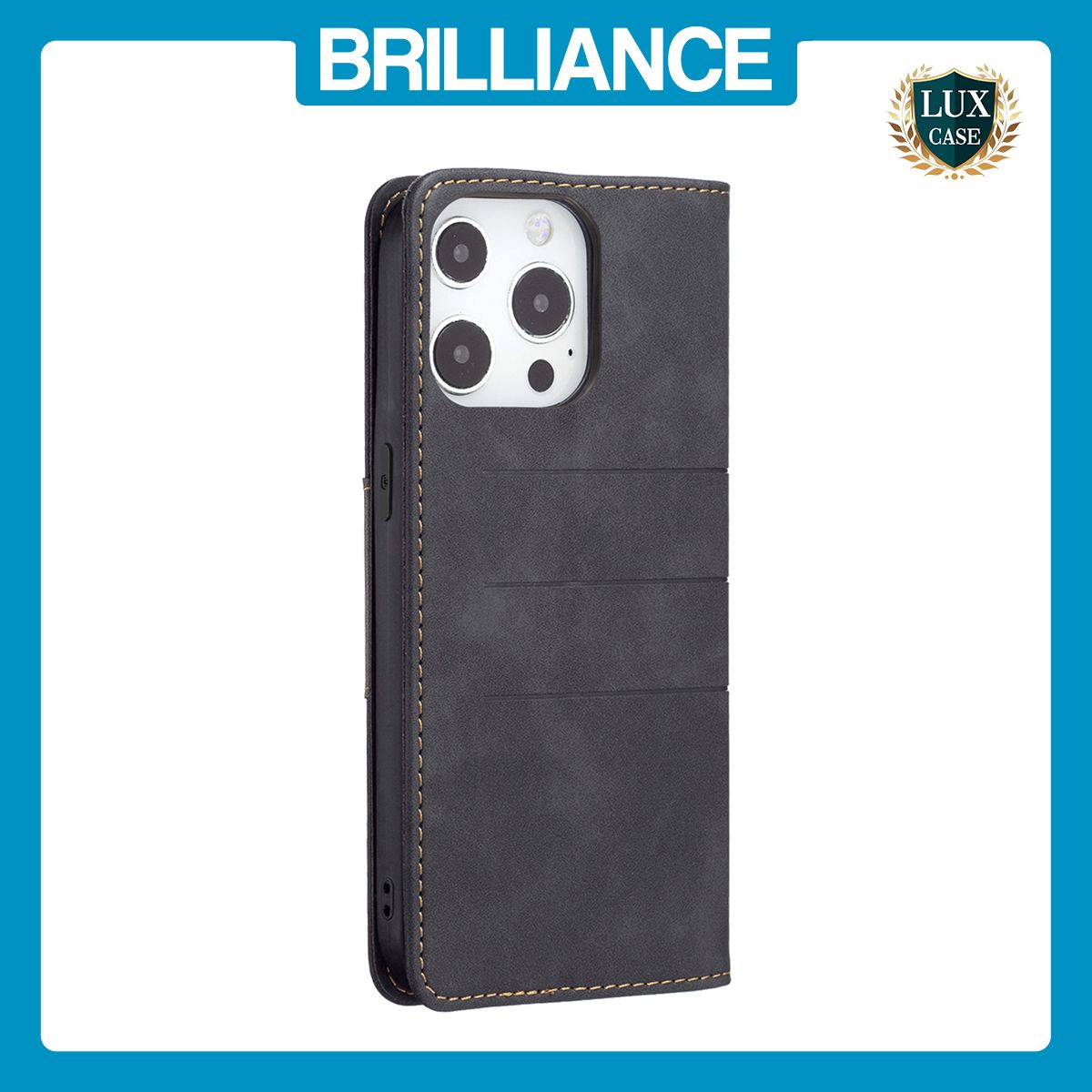 Brilliance LUX iPhone 13 Pro Flip PU Leather Stitching Colors Dark Magnetic Wallet with Card Pockets Case Black