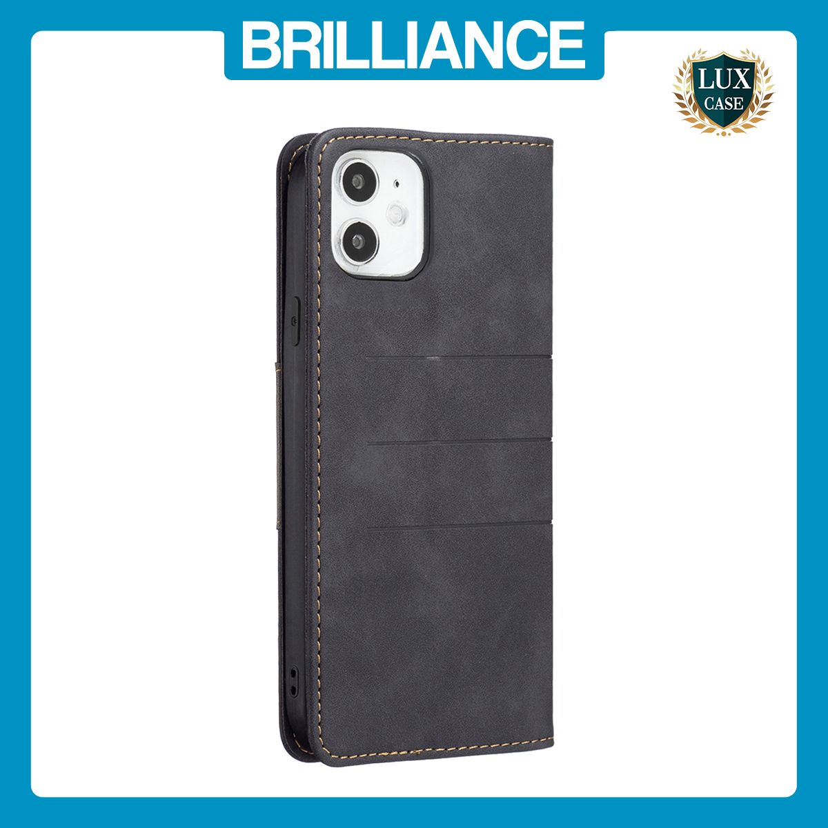 Brilliance LUX iPhone 11 Flip PU Leather Stitching Colors Dark Magnetic Wallet with Card Pockets Case Black