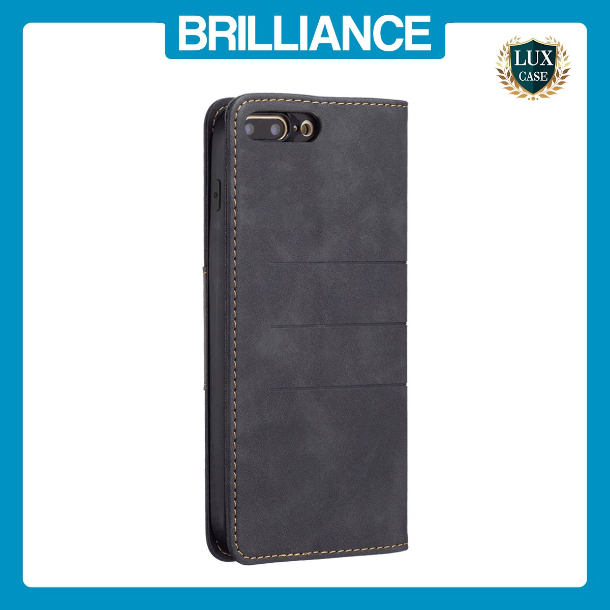 Brilliance LUX iPhone 6P/7P/8P Flip PU Leather Stitching Colors Dark Magnetic Wallet with Card Pockets Case Black