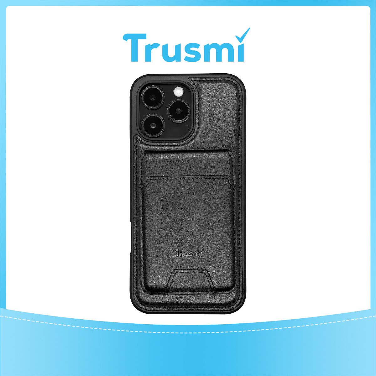 TRUSMI iPhone 15 Magnetic Cowhide Leather Case with Card Slot Wallet Black