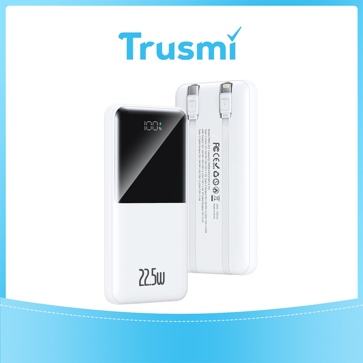 TRUSMI Power Bank White with Digital Display PB03-022 (22.5W) (10000mAh)