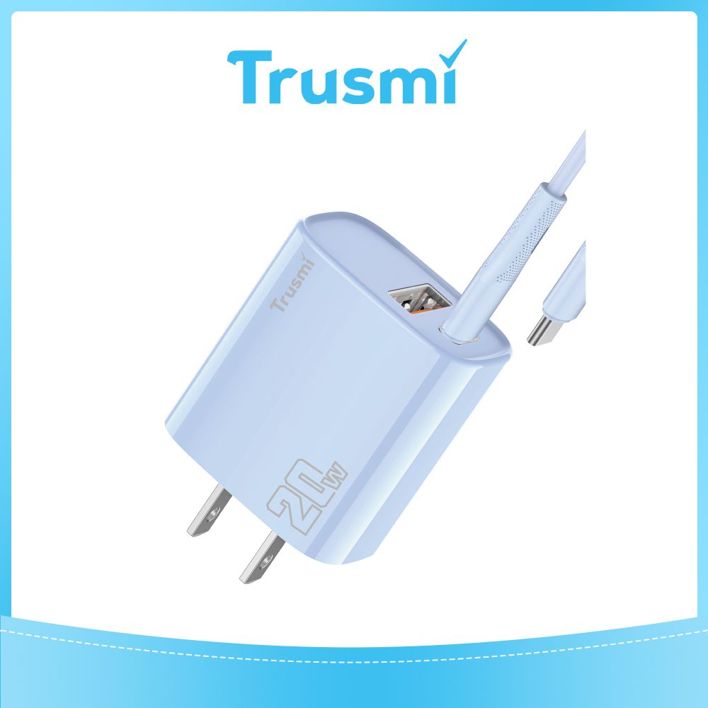 TRUSMI 20W Blue Dual Type C & USB Power Adapter w/ Type C to Type C Cable