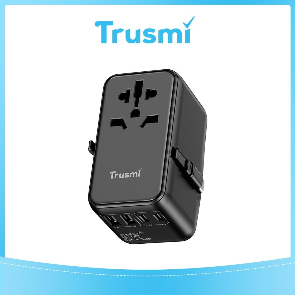 TRUSMI 68W 2 Type C & 2 USB Port Universal Travel Adapter with Type C Cable Black