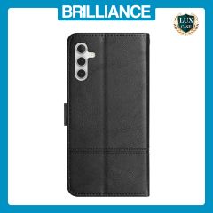 Brilliance LUX Samsung A25 5G Flip PU Leather Wallet ShockProof Imprinted Cowhide Texture with Wrist Strap Case Black