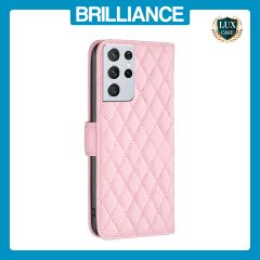 Brilliance LUX Samsung S21 Ultra Flip Book PU real Leather Wallet Holder & Kickstand with Card Pockets Case Pink
