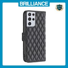 Brilliance LUX Samsung S21 Ultra Flip Book PU real Leather Wallet Holder & Kickstand with Card Pockets Case Black