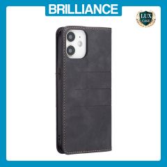 Brilliance LUX iPhone 12 Mini Flip PU Leather Stitching Colors Dark Magnetic Wallet with Card Pockets Case Black